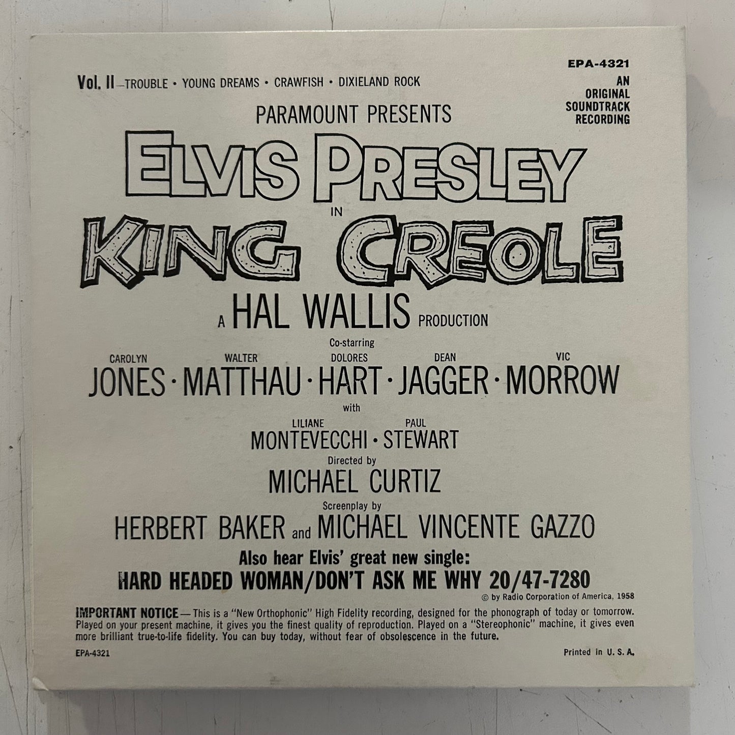 PRESLEY, ELVIS = KING CREOLE : VOL.2 (7 IN./EP) (US 1958) (USED)