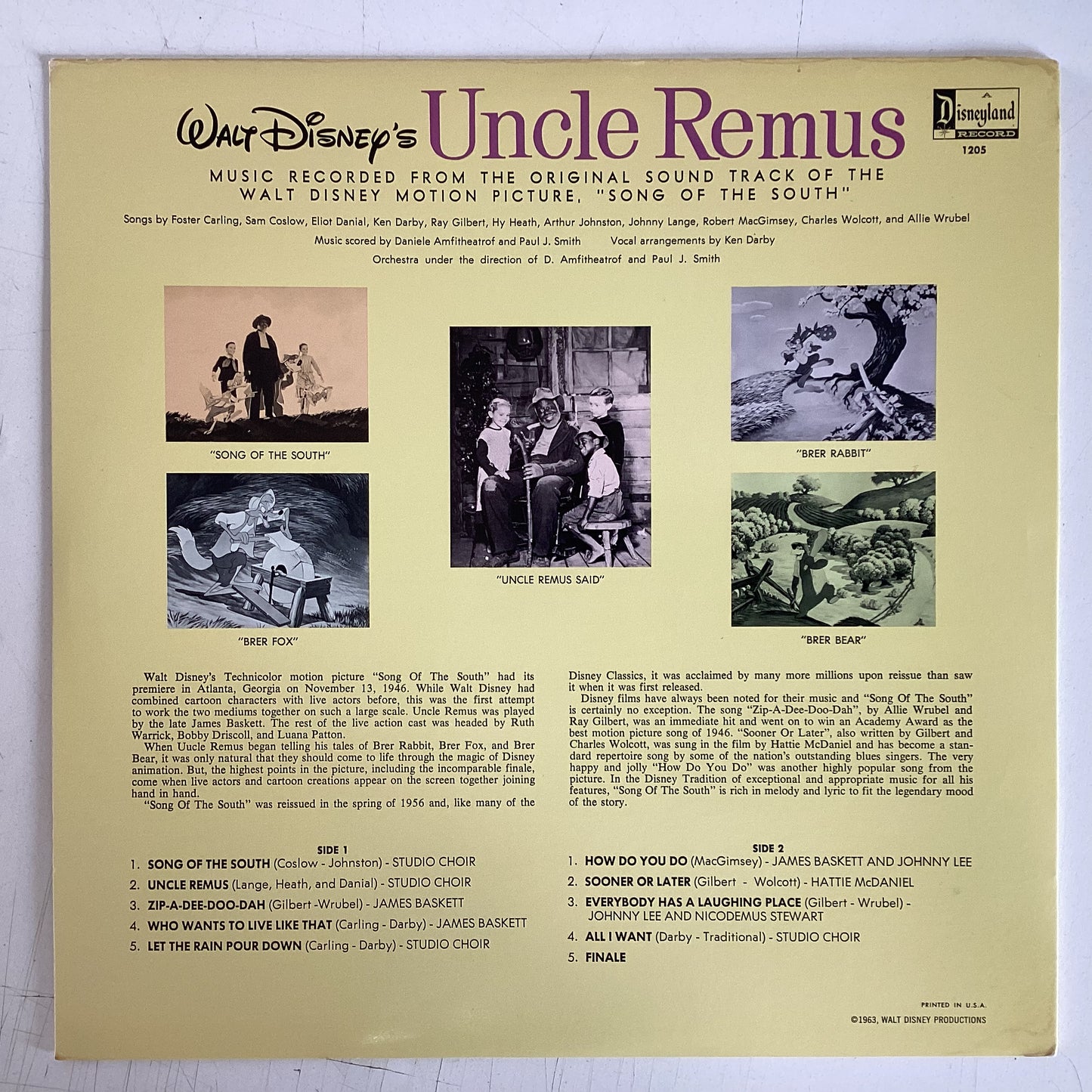 WALT DISNEY’S UNCLE REMUS: SOUNDTRACK TO SONG OF THE SOUTH (OST) (CDN 1959 / REISSUE) (USED) (DISNEY)