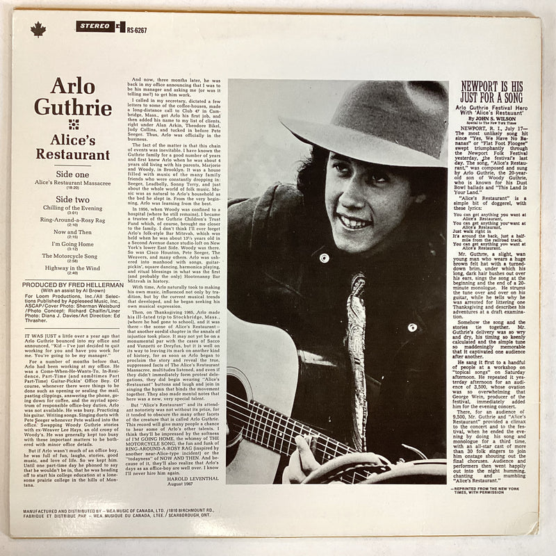 GUTHERIE, ARLO = ALICE’S RESTAURANT (CDN 70S) (USED)