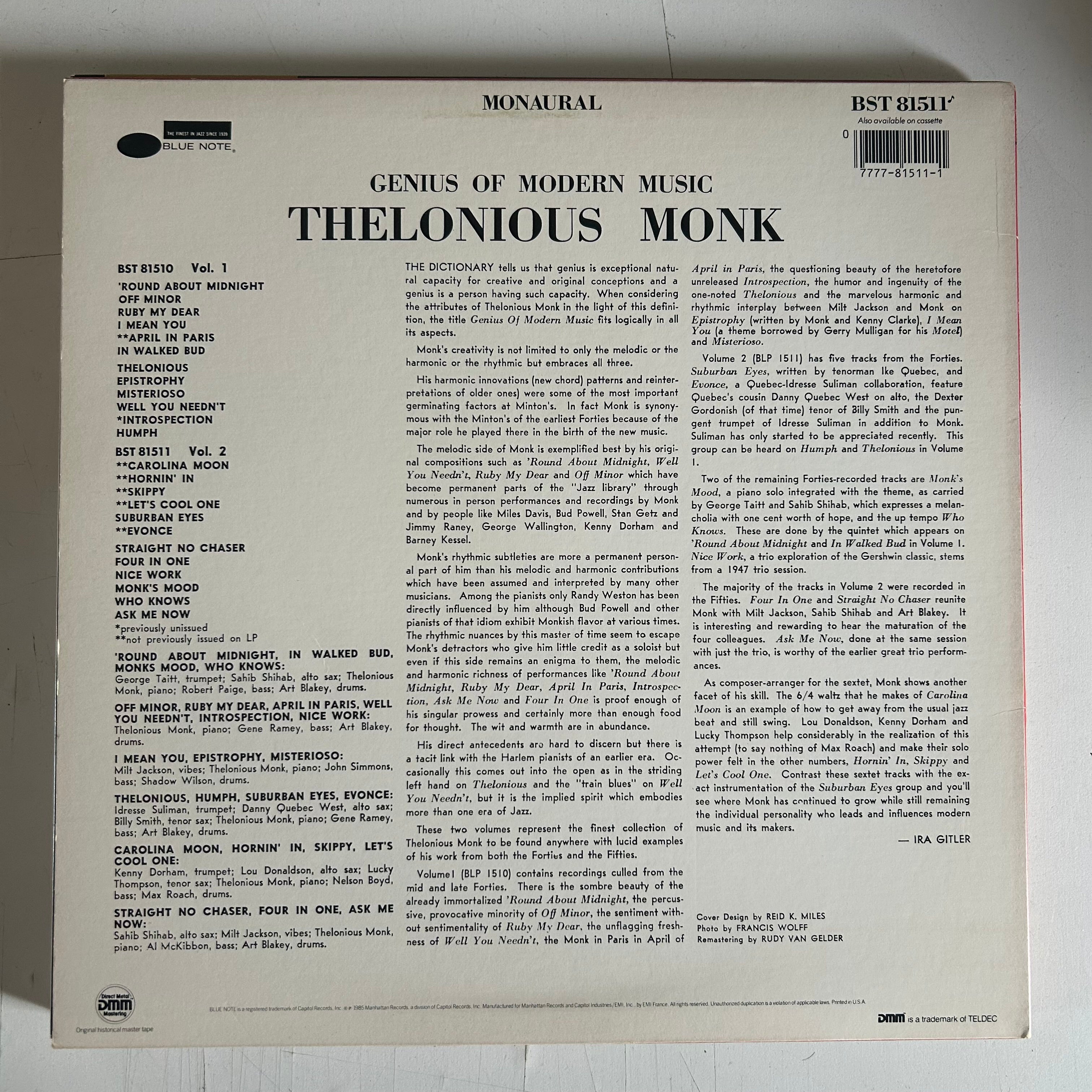 MONK, THELONIOUS = GENUIS OF MODERN MUSIC, VOL. 2 [CADRE ROUGE] (USA 1985 REISSUE) (USED)