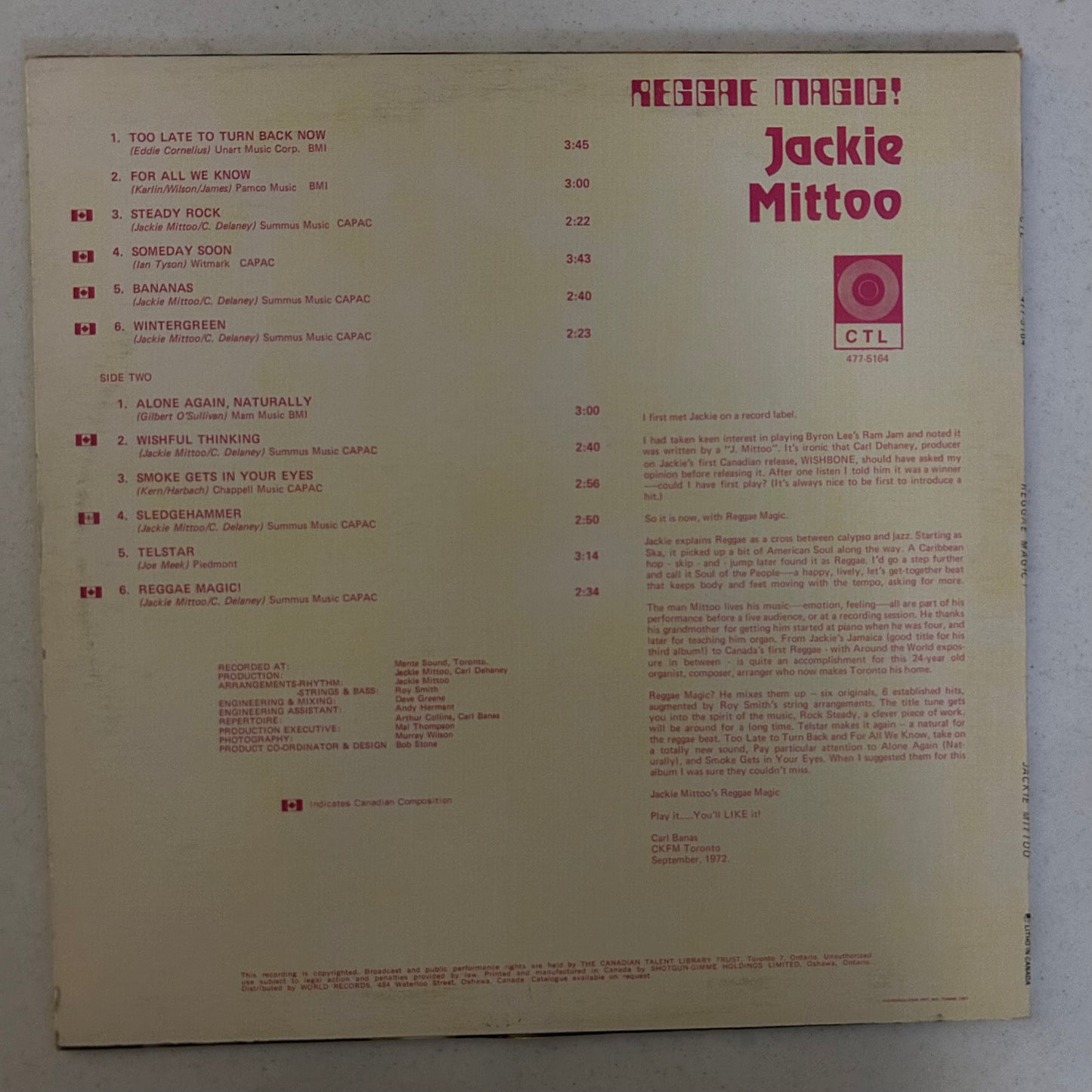 MITTOO, JACKIE = REGGAE MUSIC! (CDN 1972) (USED)