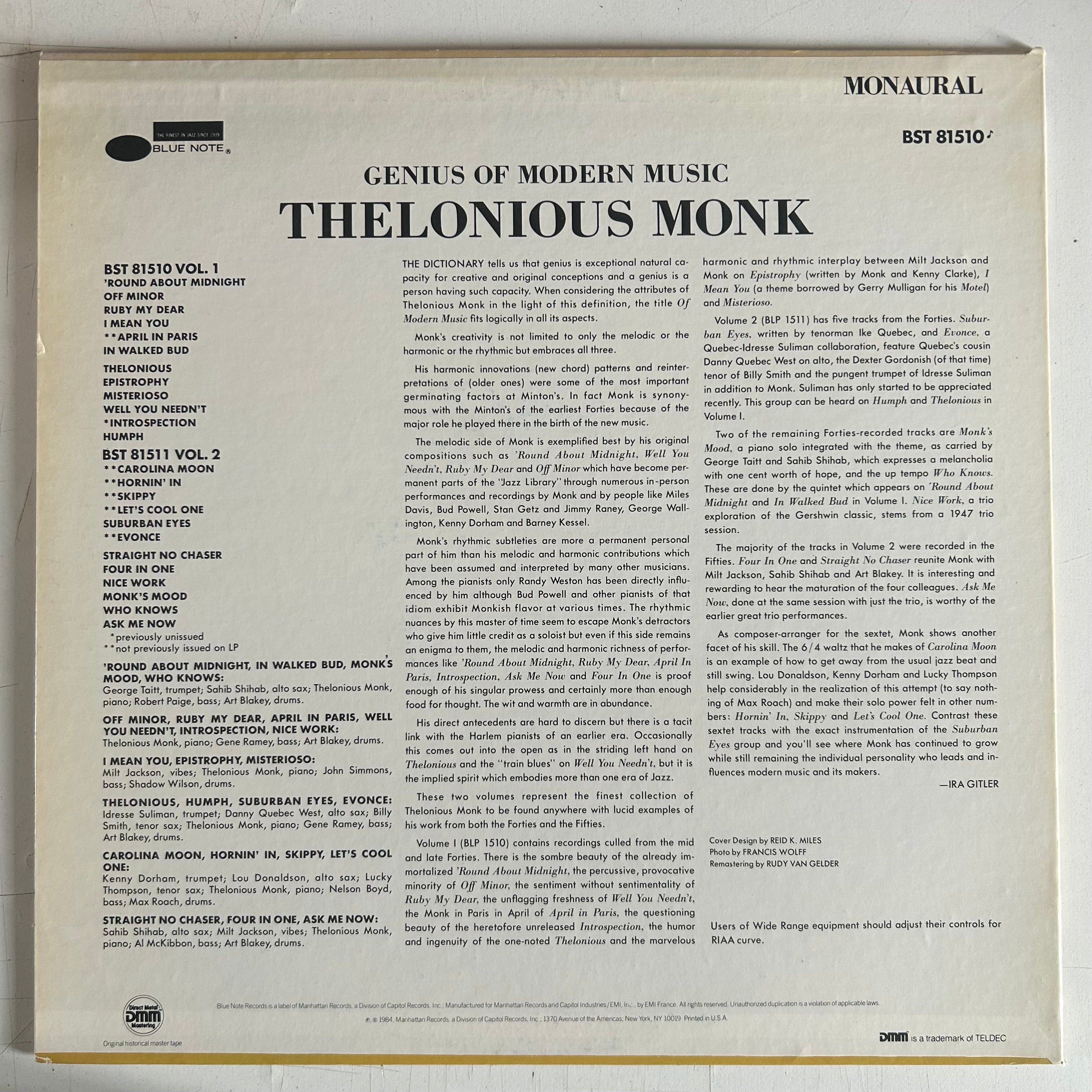 MONK, THELONIOUS = GENIUS OF MODERN MUSIC, VOL. 1 [CADRE ROUGE] (USA 1985 REISSUE) (USED)