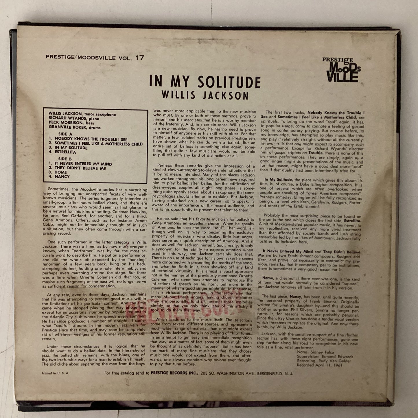 JACKSON, WILLIS = IN MY SOLITUDE (US 1961) (USED)