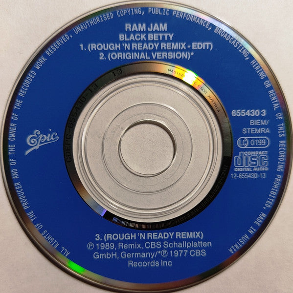 RAM JAM = BLACK BETTY (REMIX) (3 IN./CD SINGLE) (EU 1989) (USED)