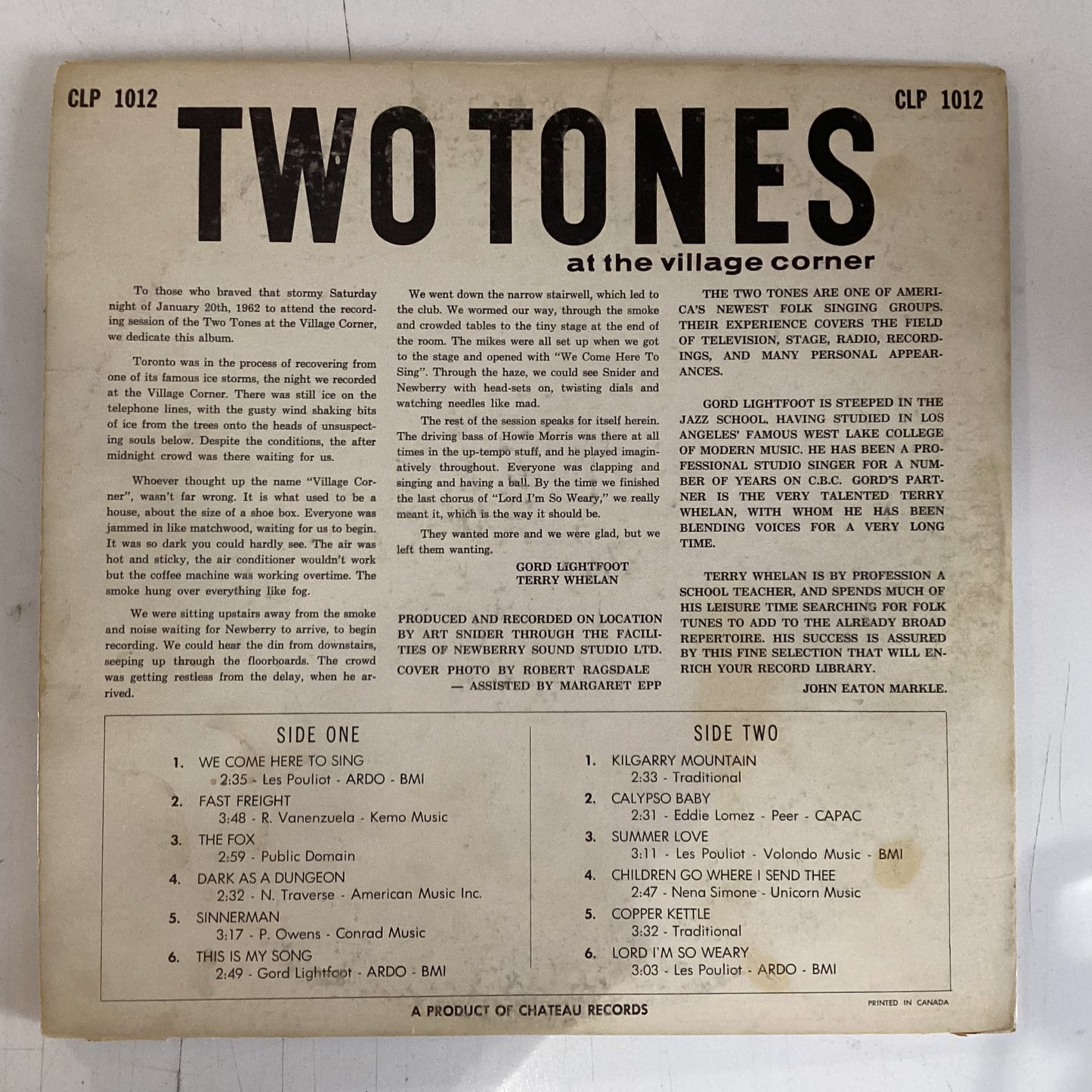 TWO TONES (LIGHTFOOT, GORDON) = AT THE VILLAGE CORNER [STEREO] (CDN 1962) (USED)